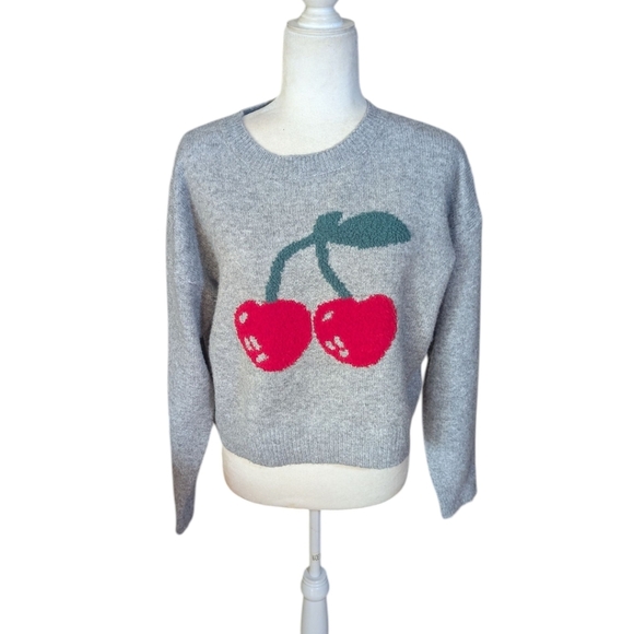 Luna Ivy Gray Cherry Girl Soft Novelty Whimsical Sweater Sz XS - Picture 7 of 9